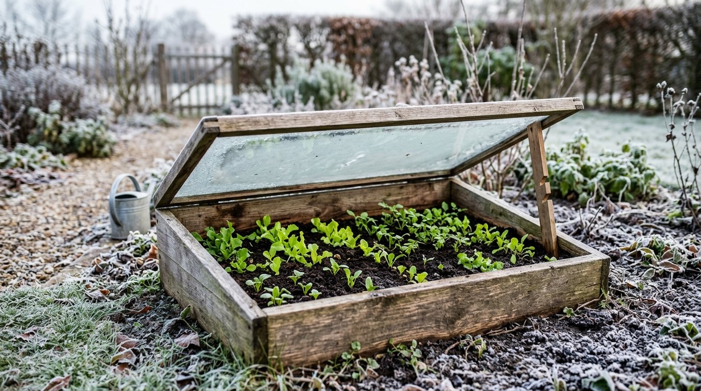Young green plants sprout in a timber garden frame during a frost.