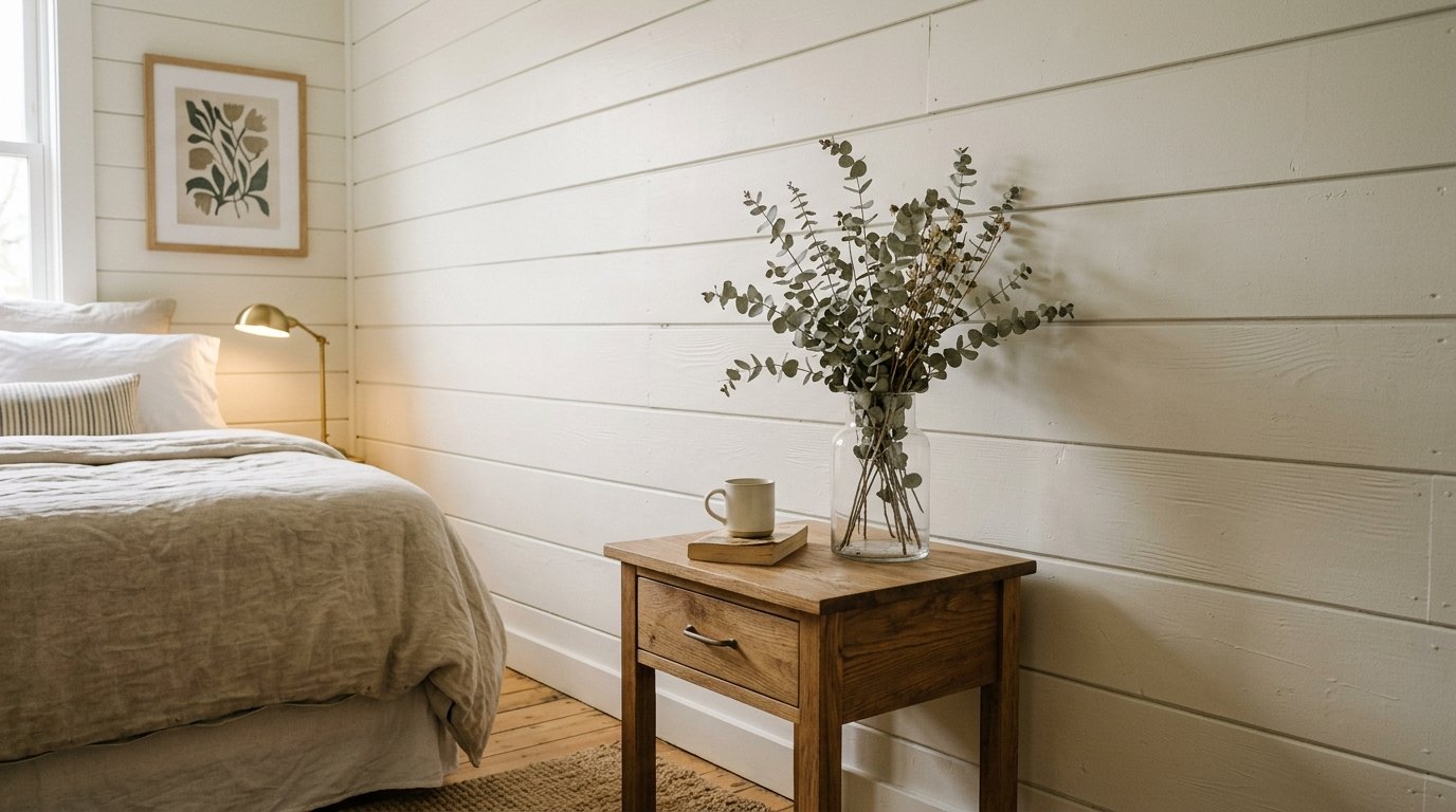 A clear glass vase with eucalyptus branches and a ceramic mug on a wooden bedside table in a shiplap walled room.