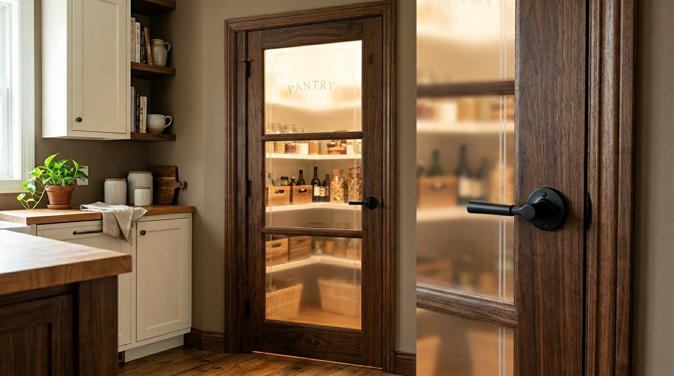 Close-up of a dark wood pantry door with a frosted glass window and black matte handle.