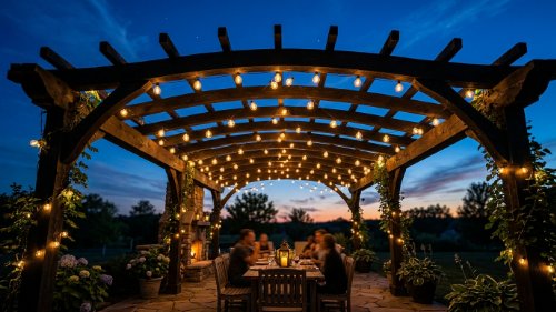 Group of people eating at a table underneath a dark wooden structure illuminated by glowing bulb lights at dusk.