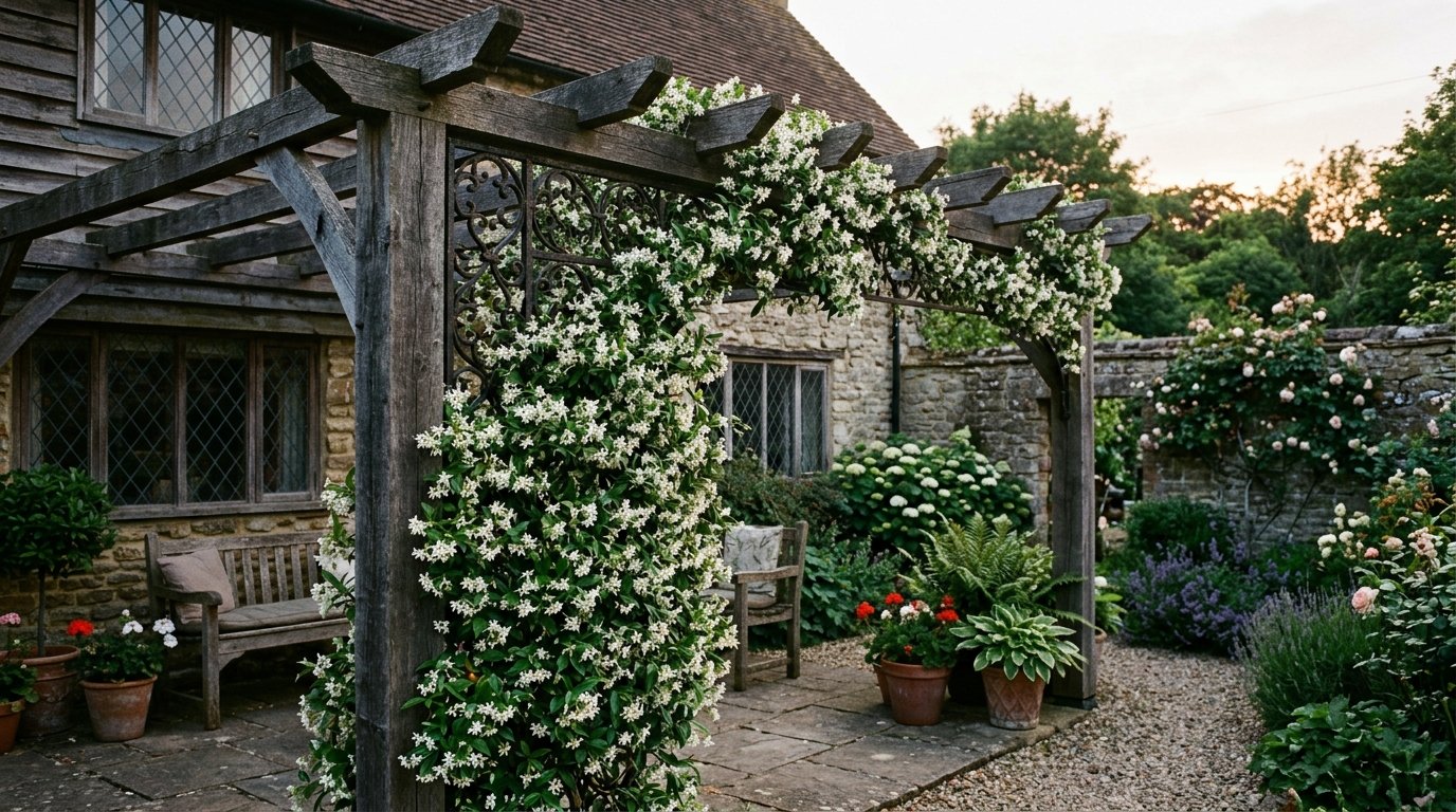 A rustic timber pergola covered in blooming white vines stands over a stone patio beside an old stone house.