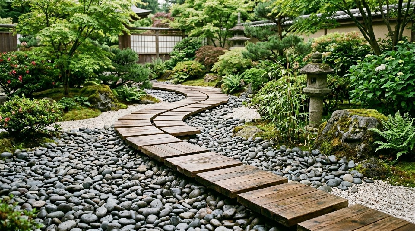 Wooden boards form a curved walkway over dark river stones in a lush, green landscape.