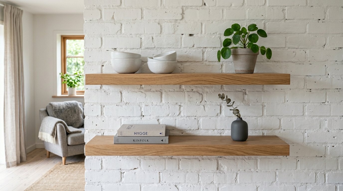 Oak shelves holding ceramic bowls, a pilea plant, books, and a small grey vase against a textured white wall.