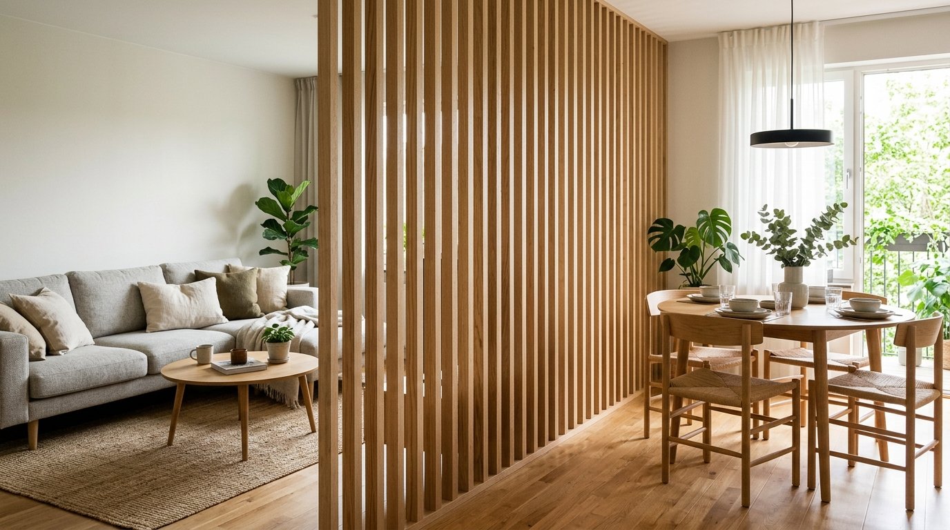 A light-filled apartment featuring a natural wood screen separating the sofa area from the circular dining table.