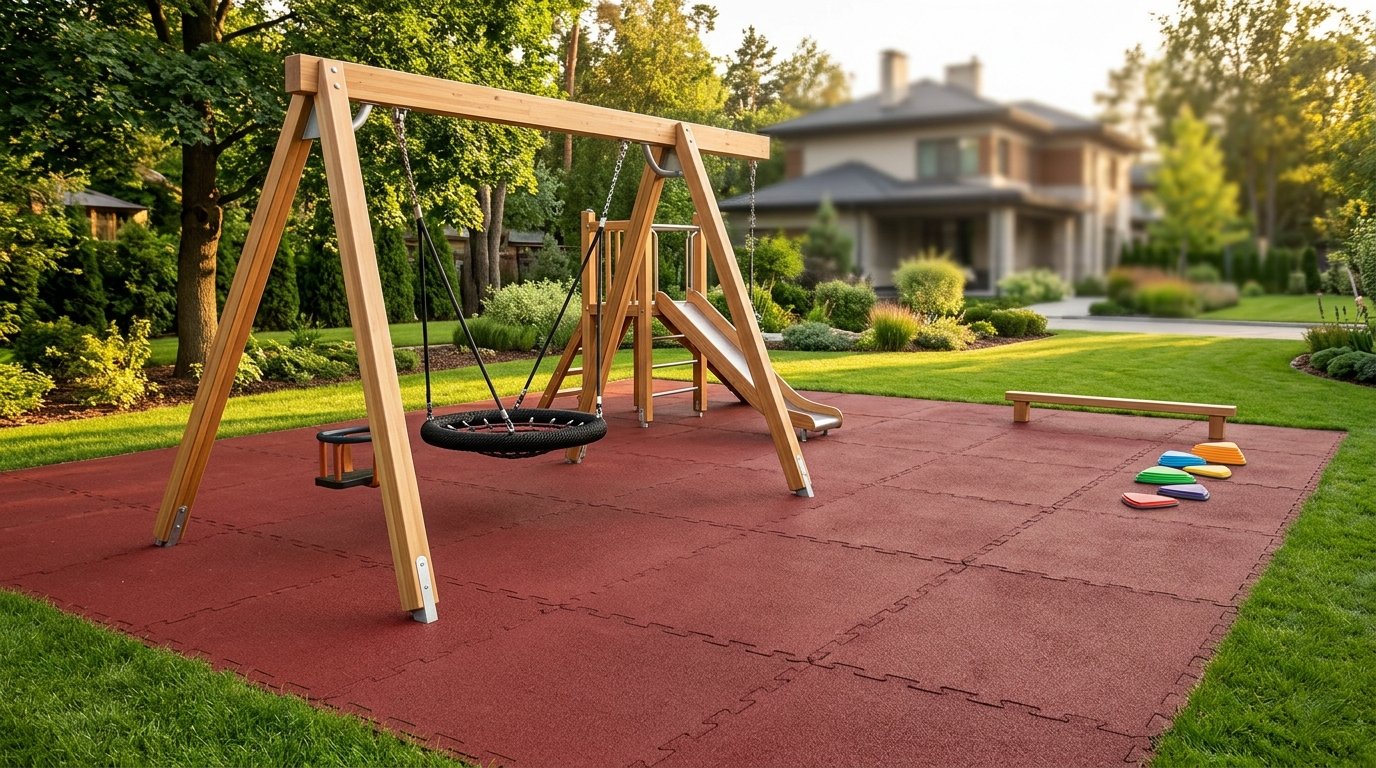 Children's wooden play structure with a saucer swing and slide set on modular red interlocking rubber floor tiles.