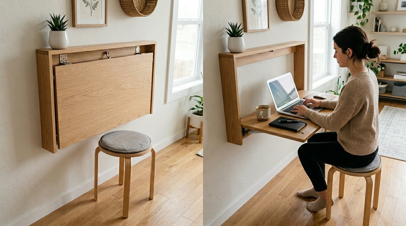 A woman using a laptop on a wooden desk that folds down from the wall with a small stool nearby.
