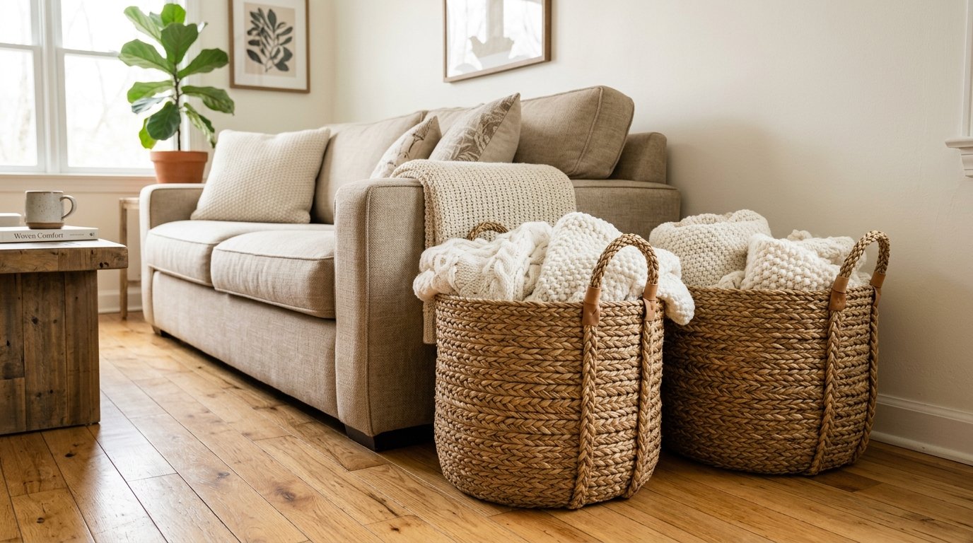 A pair of round seagrass storage baskets filled with soft textured throws next to a beige living room sofa.