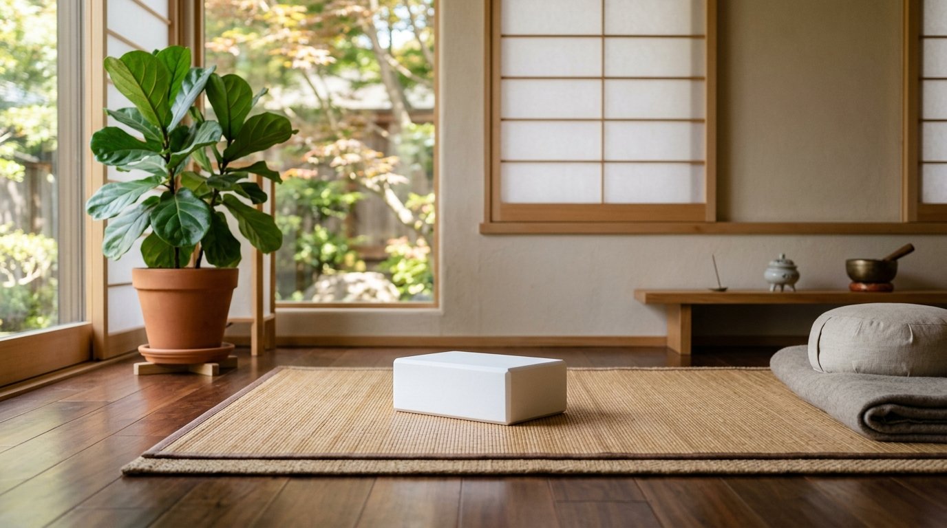 A white foam exercise brick rests on a reed mat in a Japanese-style room with a potted plant.